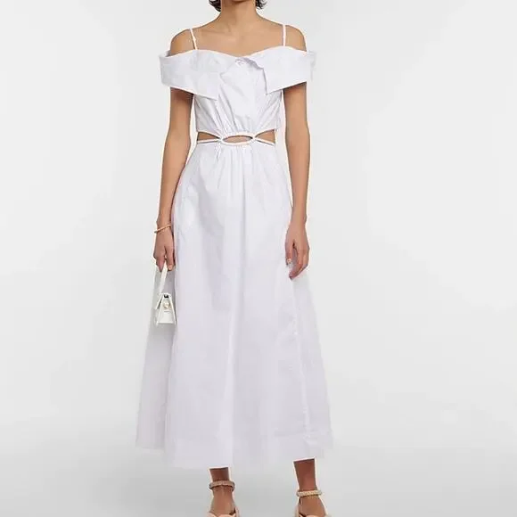 NWT$500 Jonathan Simkhai White Ansley Off-The-Shoulder Shirt Midi Dress Sz Large - Picture 2 of 16